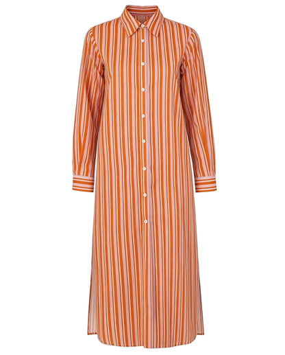 The Elissa Long Shirtdress by Callas Milano features long sleeves, knee-length cut, vibrant orange and white stripes, front button closure, side slits, and is crafted from breathable linen-cotton voile.