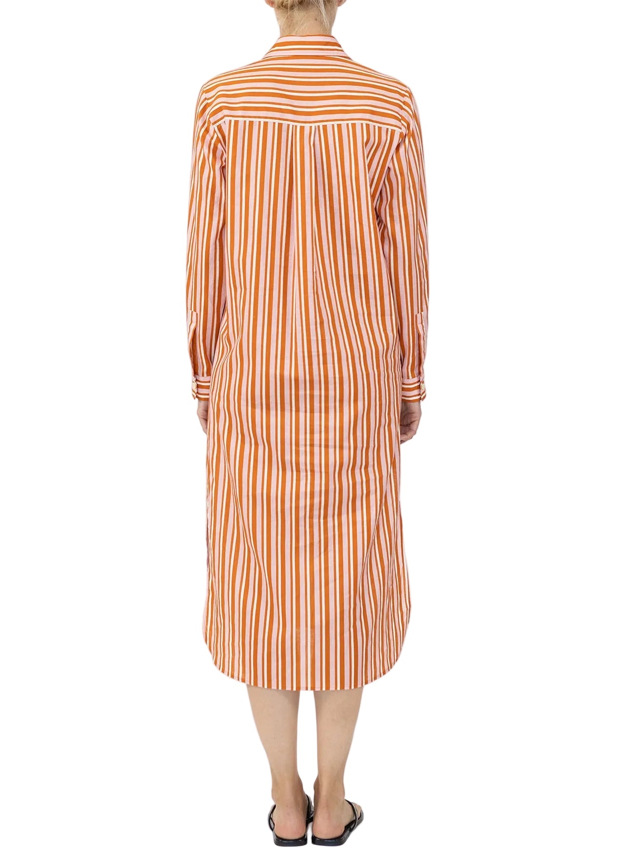 Person wearing the Callas Milano Elissa Long Shirtdress, featuring orange and white vertical stripes, photographed from the back against a white background.