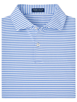 Introducing the Peter Millar Tempo Performance Mesh Polo, a folded blue and white striped polo shirt featuring a button placket and vintage-inspired collar. Crafted with four-way stretch fabric, this piece offers unparalleled comfort and style for any occasion, with the name "Peter Millar" proudly displayed on the inside tag.