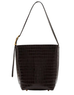 Anine Bing Elly Bucket Embossed Bag in dark brown croc-embossed leather with a single shoulder strap and gold-tone hardware side buckle.