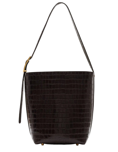 Anine Bing Elly Bucket Embossed Bag in dark brown croc-embossed leather with a single shoulder strap and gold-tone hardware side buckle.