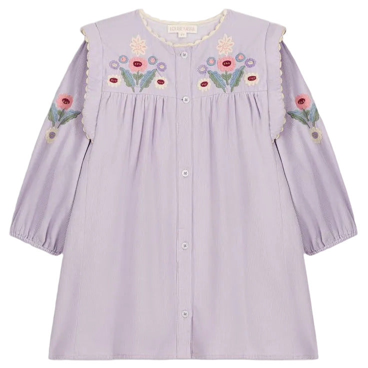 The Louise Misha Baby Girls’ and Girls’ Anette Dress is a light purple long-sleeve corduroy dress with front buttons, colorful floral embroidery on the chest and sleeves, and a charming embroidered yoke, displayed against a white background.