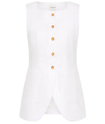 The Emma Vest by POSSE is a sleeveless white linen piece with a rounded hem, six gold buttons, and an adjustable back buckle for fit. The brand label "POSSE" appears at the neckline.