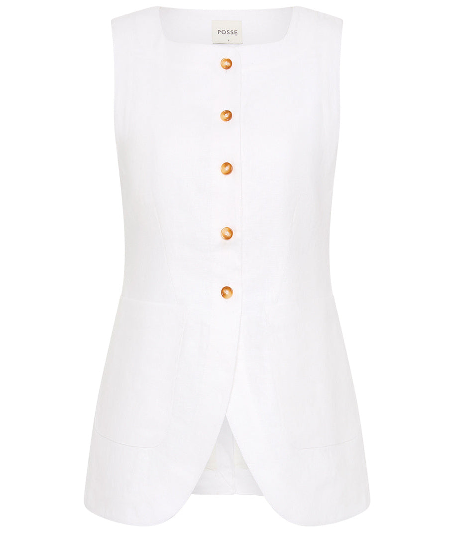 The Emma Vest by POSSE is a sleeveless white linen piece with a rounded hem, six gold buttons, and an adjustable back buckle for fit. The brand label "POSSE" appears at the neckline.