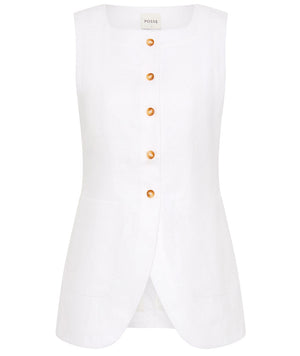 The Emma Vest by POSSE is a sleeveless white linen piece with a rounded hem, six gold buttons, and an adjustable back buckle for fit. The brand label "POSSE" appears at the neckline.