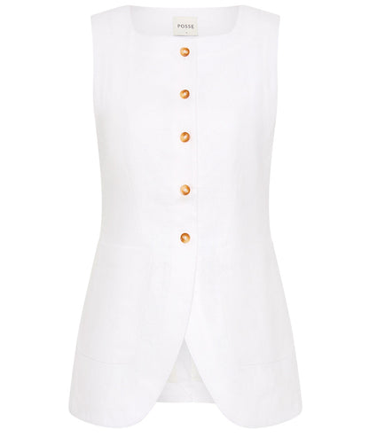 The Emma Vest by POSSE is a sleeveless white linen piece with a rounded hem, six gold buttons, and an adjustable back buckle for fit. The brand label "POSSE" appears at the neckline.