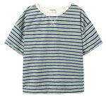 The Boys' Enea Terry T-Shirt by Cozmo is a comfortable short sleeve shirt with horizontal blue and green stripes and a white crew neck.