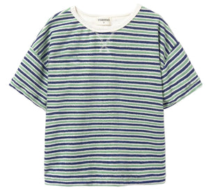 The Boys' Enea Terry T-Shirt by Cozmo is a comfortable short sleeve shirt with horizontal blue and green stripes and a white crew neck.