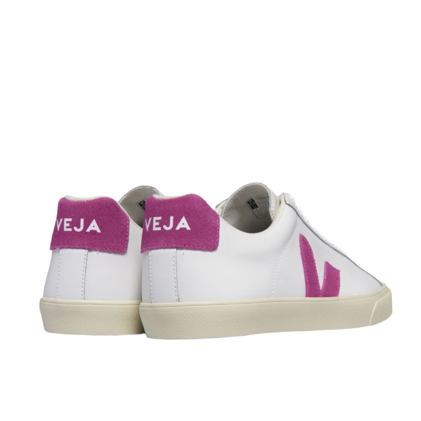 A pair of VEJA Esplar Leather Womens Sneakers by Veja, showcasing white leather with purple accents on the heel and side logo, featuring intricate stitched leather details, viewed from the back and side angles.