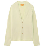 Guest in Residence Everywear Cardigan in light green, featuring a classic V-neckline and three brown front buttons, displayed flat on a white background.