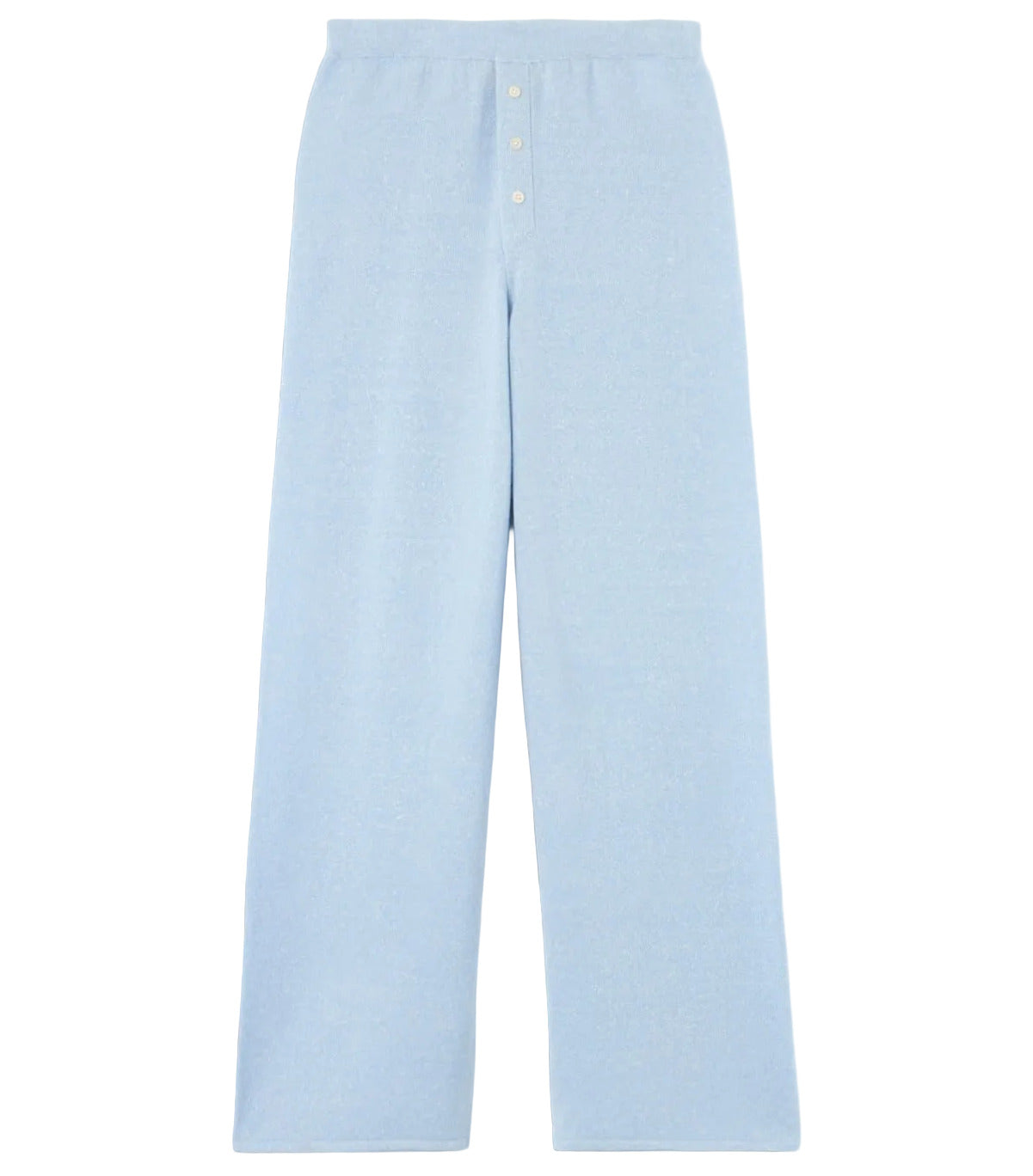 The Everywear Cashmere Pant by Guest in Residence is a light blue, high-waisted, wide-leg style in a lightweight cashmere-linen blend with a front button closure and no visible pockets, shown laid flat on a white background.