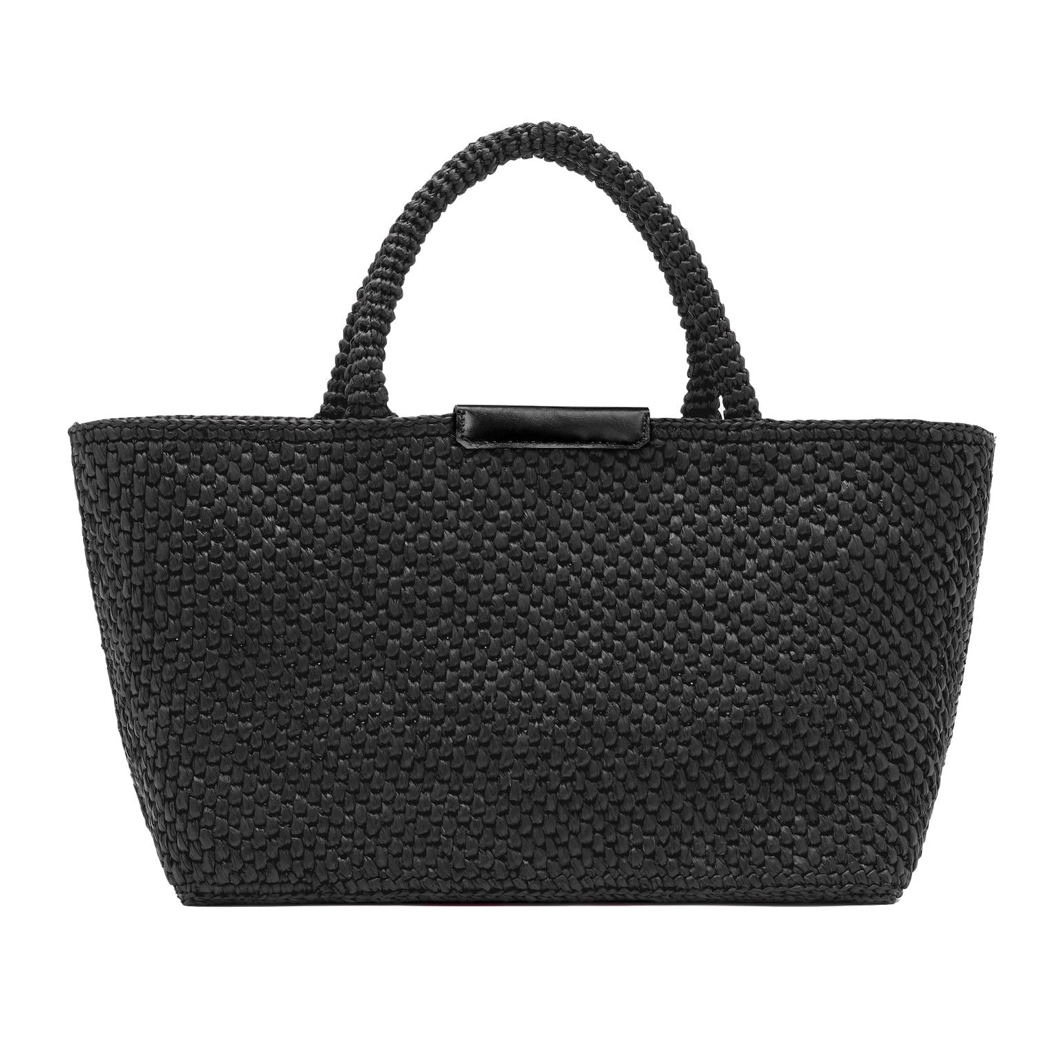The East West Raffia Chelsea Tote by Proenza Schouler is a black woven handbag featuring two handles and a rectangular silhouette, photographed on a white background. This structured tote embodies timeless style and versatile functionality for everyday use.