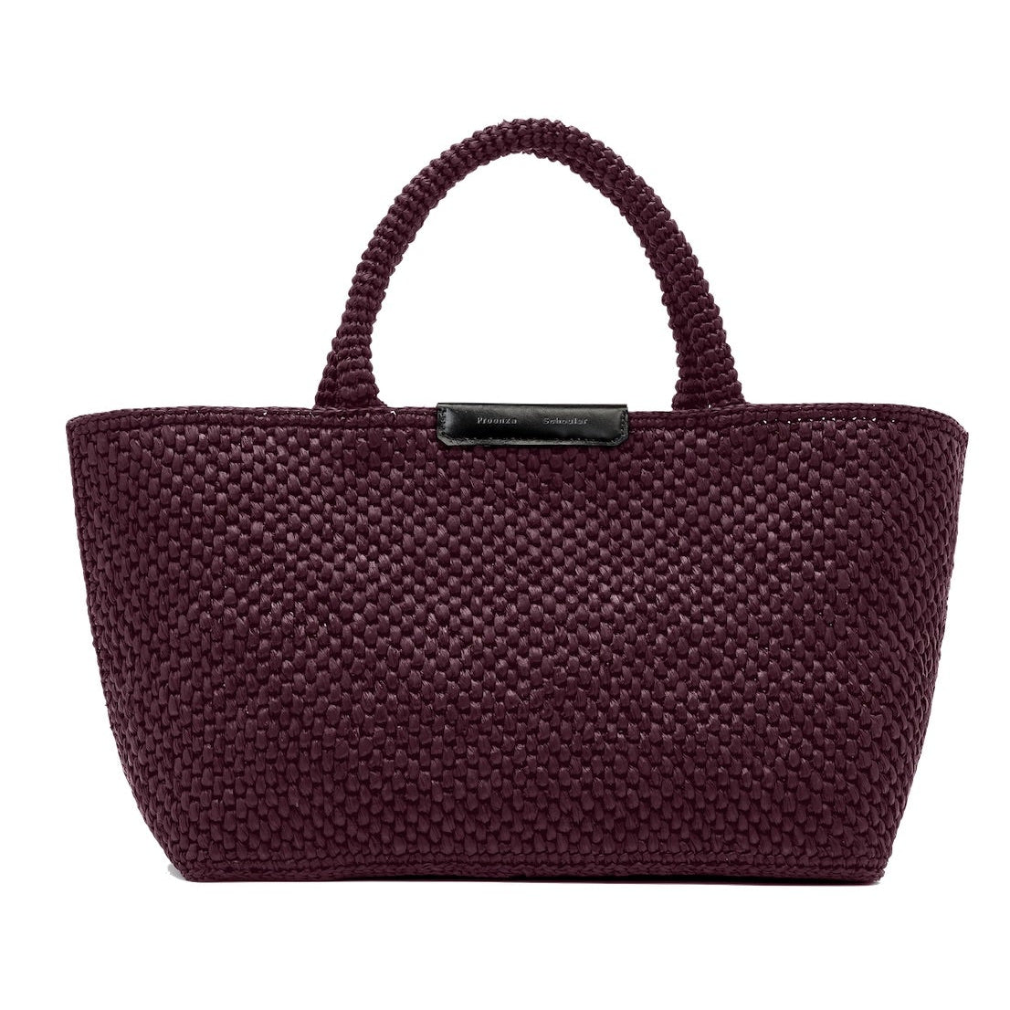 The Proenza Schouler East West Raffia Chelsea Tote is a structured handbag in dark burgundy with two handles and a black rectangular label on the front, effortlessly combining style and sophistication.