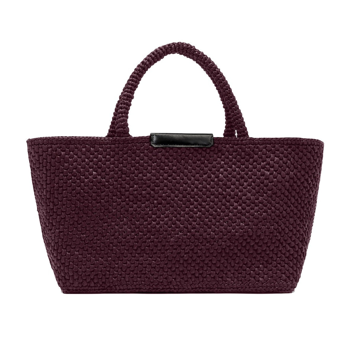 The Proenza Schouler East West Raffia Chelsea Tote features two handles and a rectangular black accent near the top opening, presented against a white background. This structured handbag combines timeless style with refined details for an elegant, polished appearance.