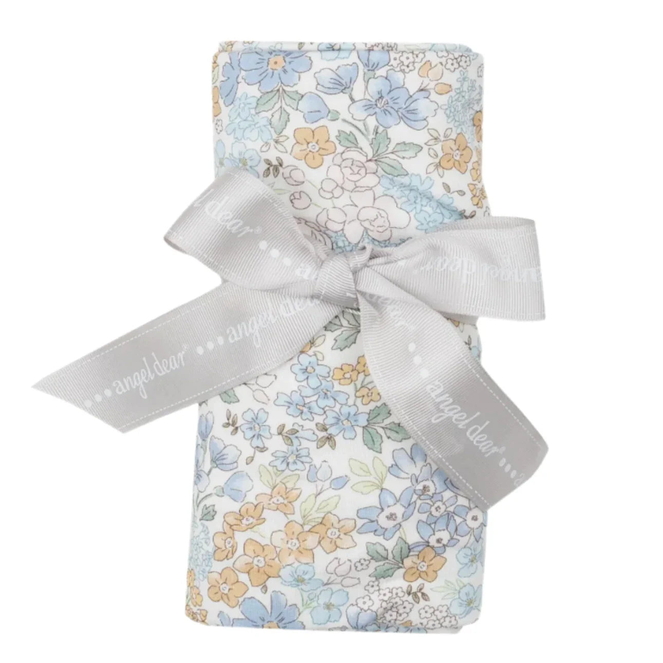 The Angel Dear Edith's Floral Swaddle Blanket, made from soft and stretchy bamboo fabric with a floral pattern, is neatly folded and tied with a gray ribbon bow, making it perfect for swaddling.