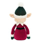 Back view of a plush Jellycat Eldo Elf doll, showcasing a green hat with a white pom-pom and a red outfit with white cuffs, spreading Christmas cheer.