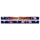 Introducing the Elephant Martini Belt by Smathers & Branson—a navy blue hand-stitched belt adorned with pink elephants and martini glasses, finished with brown Italian leather ends and a brass buckle.