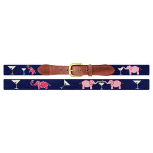 Introducing the Elephant Martini Belt by Smathers & Branson—a navy blue hand-stitched belt adorned with pink elephants and martini glasses, finished with brown Italian leather ends and a brass buckle.