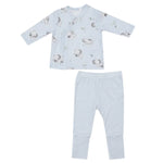 Angel Dear Gray Elephants Tmh Set with Roll Over Cuff Pant features a light blue baby outfit with animal prints on the top and striped pants, including padded feet, displayed on a plain background.