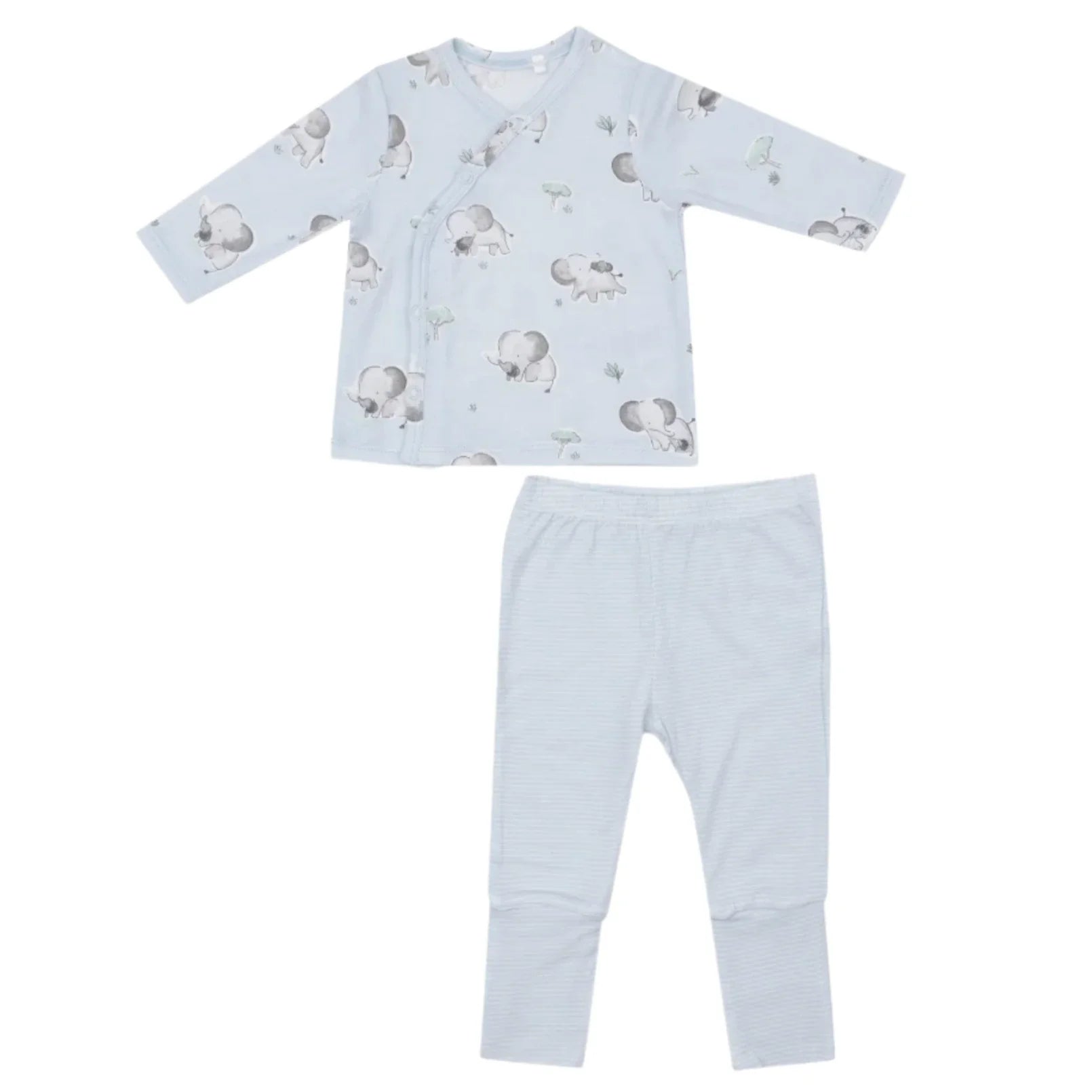 Angel Dear Gray Elephants Tmh Set with Roll Over Cuff Pant features a light blue baby outfit with animal prints on the top and striped pants, including padded feet, displayed on a plain background.