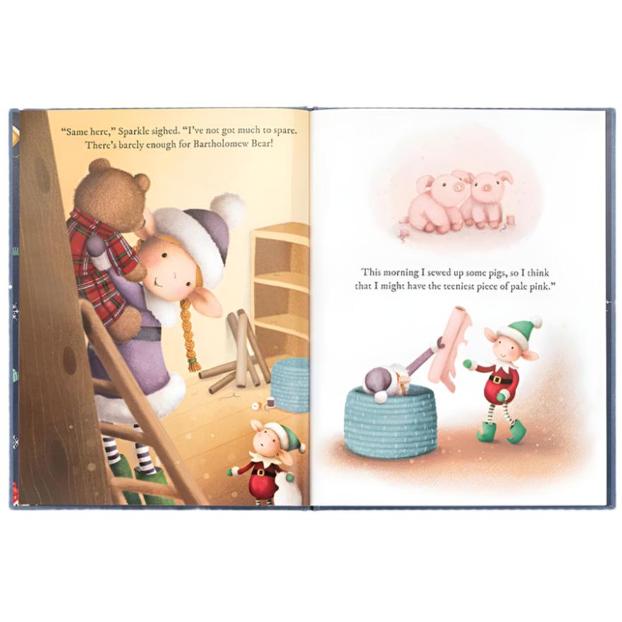 An illustration from the "Jellycat Eldo Elf and the Patchwork Bashful Bunny Book" by Jellycat shows Eldo Elf holding a Patchwork Bashful Bunny next to shelves. Another page features Eldo Elf and pigs discussing zero-waste resources and toy creation.