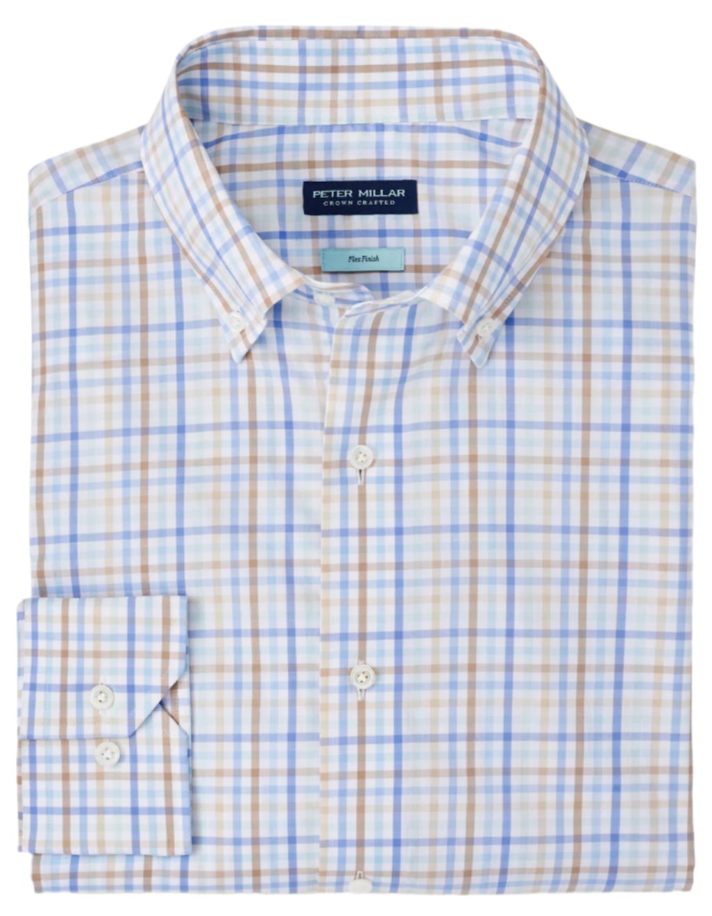 The Peter Millar Brighton Cotton Sport Shirt is a tailored fit, long-sleeve button-up shirt with a blue and brown plaid pattern, featuring Flex Finish for ultimate comfort.