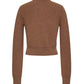 Back view of the Cara Cara Ellery Cardigan, an elegant long-sleeve brown knit sweater featuring a ribbed texture, fitted waistband, and delicate gold floral buttons—a refined wardrobe staple.