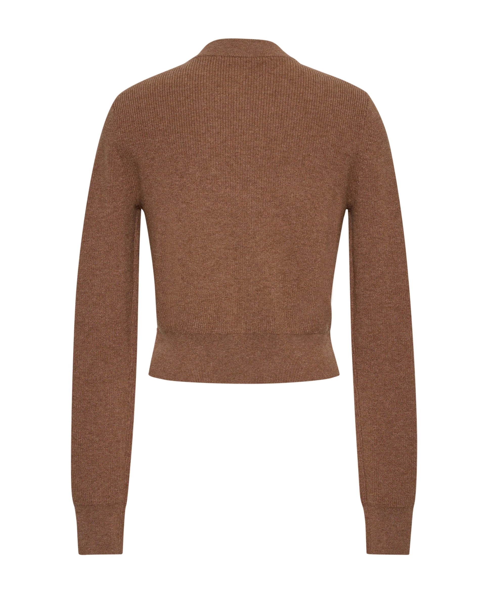 Back view of the Cara Cara Ellery Cardigan, an elegant long-sleeve brown knit sweater featuring a ribbed texture, fitted waistband, and delicate gold floral buttons—a refined wardrobe staple.