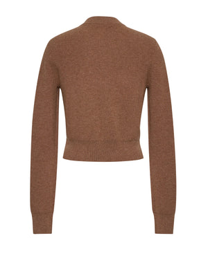 Back view of the Cara Cara Ellery Cardigan, an elegant long-sleeve brown knit sweater featuring a ribbed texture, fitted waistband, and delicate gold floral buttons—a refined wardrobe staple.