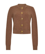 The Ellery Cardigan by Cara Cara features a rich brown hue, long sleeves, a ribbed texture, and a round neckline, finished with five elegant gold floral buttons down the front—a timeless wardrobe staple.