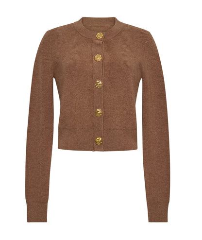 The Ellery Cardigan by Cara Cara features a rich brown hue, long sleeves, a ribbed texture, and a round neckline, finished with five elegant gold floral buttons down the front—a timeless wardrobe staple.