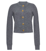 Cara Cara’s Ellery Cardigan—a timeless wardrobe staple—features a gray knit design with long sleeves and five decorative gold floral buttons down the front, displayed on a plain white background.