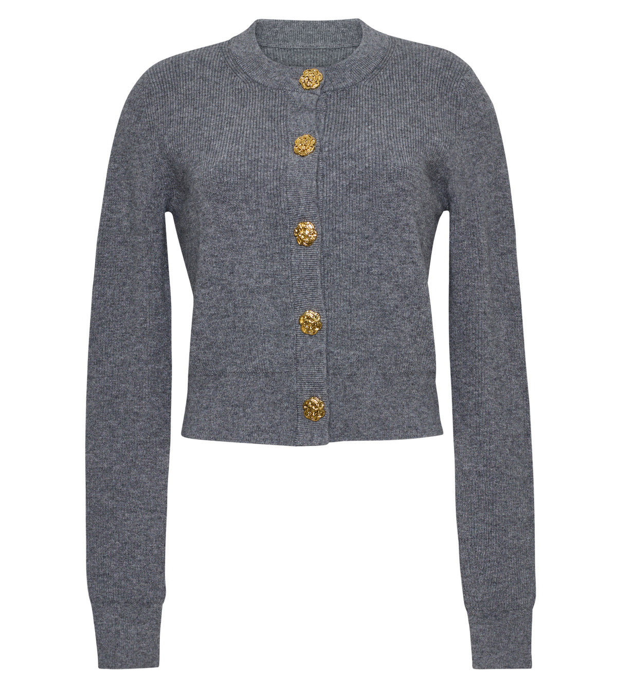 Cara Cara’s Ellery Cardigan—a timeless wardrobe staple—features a gray knit design with long sleeves and five decorative gold floral buttons down the front, displayed on a plain white background.