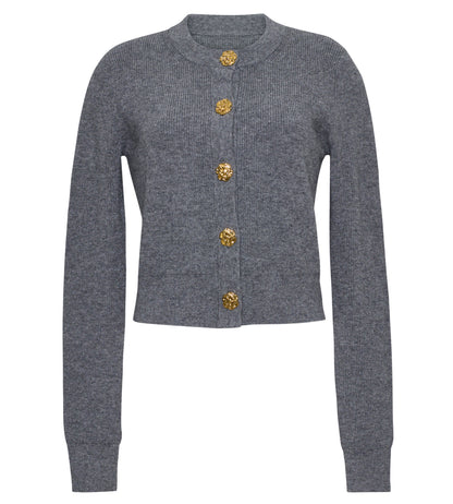 Cara Cara’s Ellery Cardigan—a timeless wardrobe staple—features a gray knit design with long sleeves and five decorative gold floral buttons down the front, displayed on a plain white background.