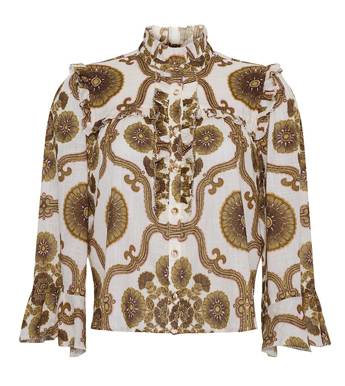 The Elowen Top by Cara Cara is a long-sleeved blouse featuring a ruffle collar, ruffled shoulders, and a brown and gold floral print on white.