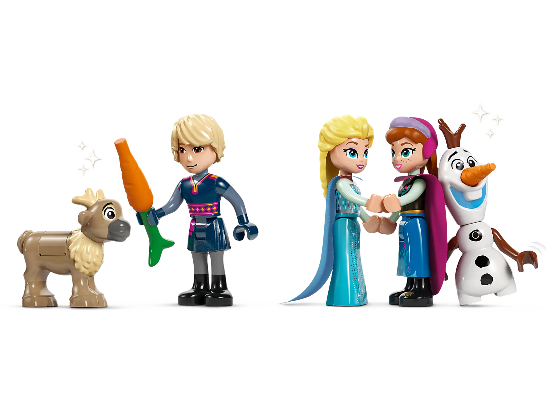 Experience the enchanting world of LEGO Disney with toy figures featuring a boy holding a carrot, two girls hand in hand, and a cheerful snowman, accompanied by a small reindeer. These characters are perfect companions for creating your own adventure with LEGO® Disney™ Elsa's Ice Palace from Legos - Toyhouse.