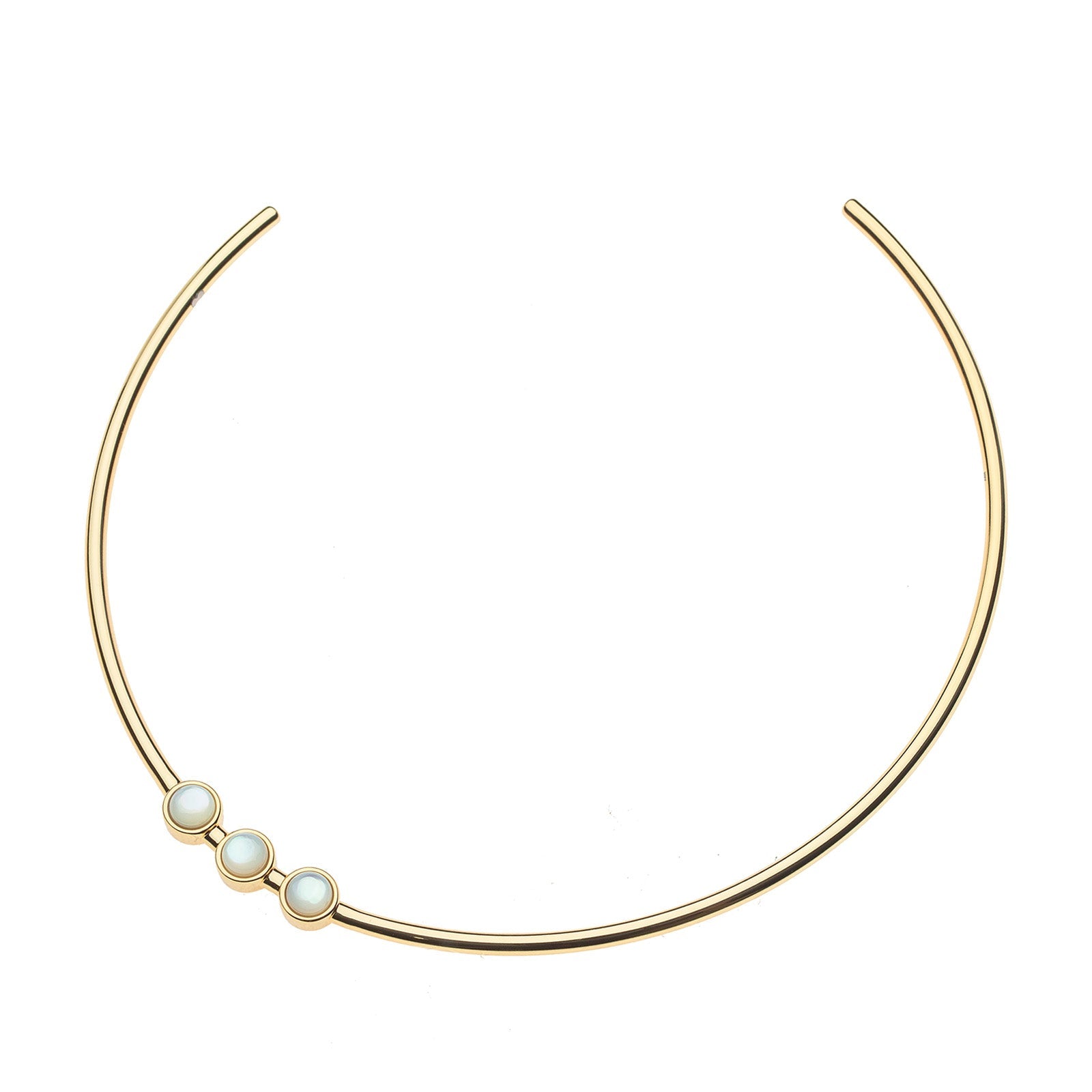 A gold Neck Cuff by Jane Win featuring three evenly spaced white pearls set in gold bezels on one side.