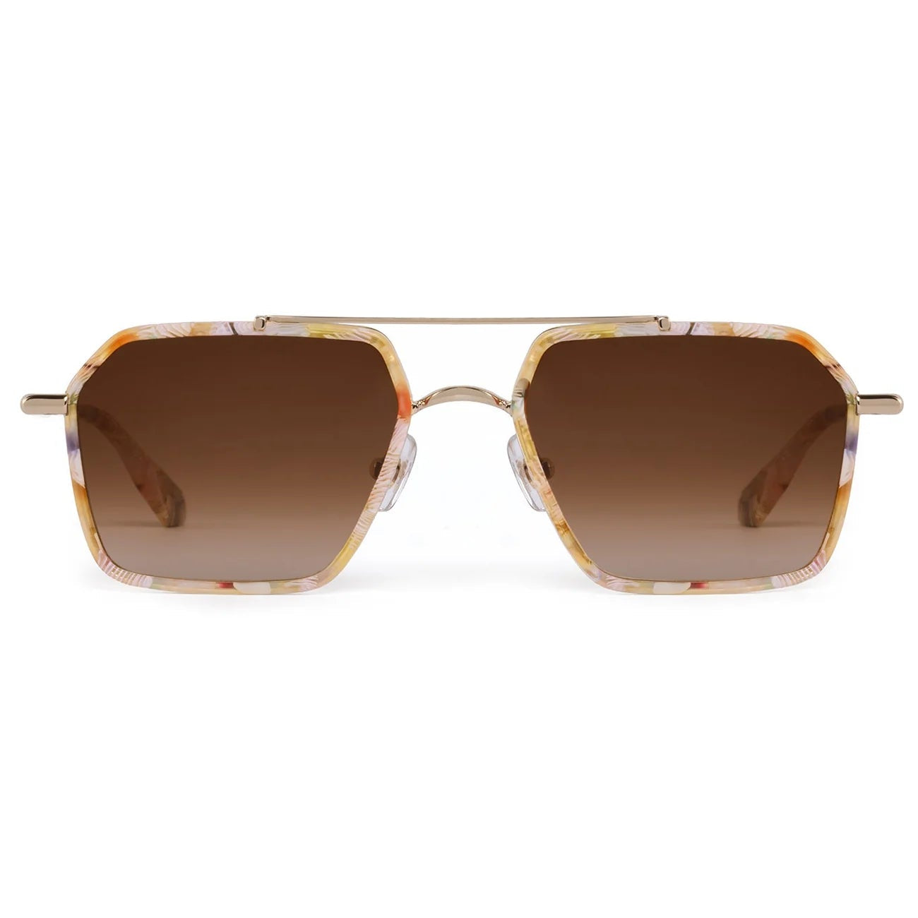 The Emery Sunglasses by Krewe feature a unisex rectangular frame with multicolored marbled design, brown gradient lenses, and gold metal bridge and arms—a lightweight accessory for everyday style.