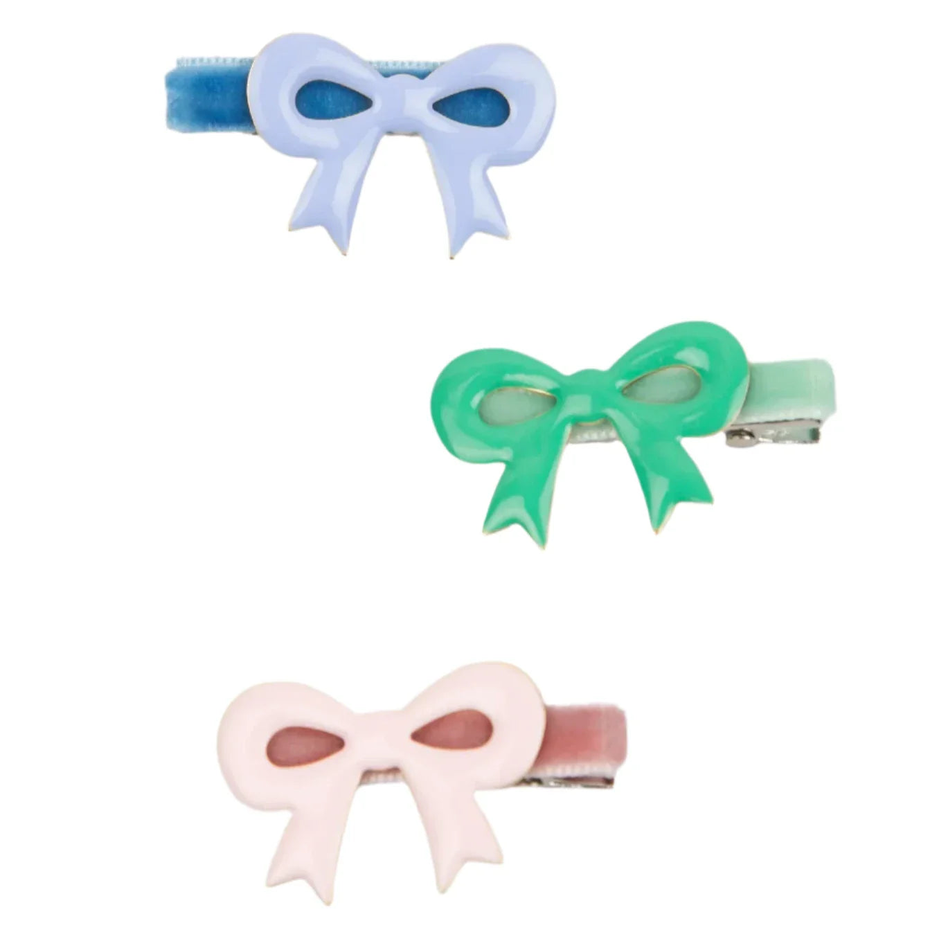 Introducing the Meri Meri Enamel Bow Hair Clips: a set of three vibrant hair accessories by Meri Meri, showcasing velvet ribbon bow-shaped clips in blue, green, and pink, arranged vertically against a white background.