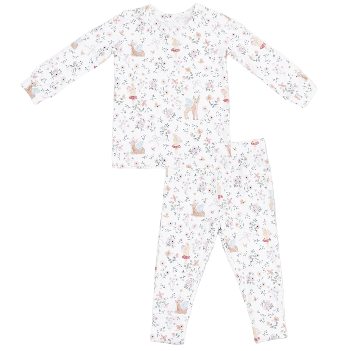 Angel Dear Baby and Kids’ Long Sleeve Loungewear Set in a white background with pastel animal and floral prints. This cozy set, featuring both the top and bottom laid flat side by side, is perfect for a comfortable night’s sleep or relaxing at home.