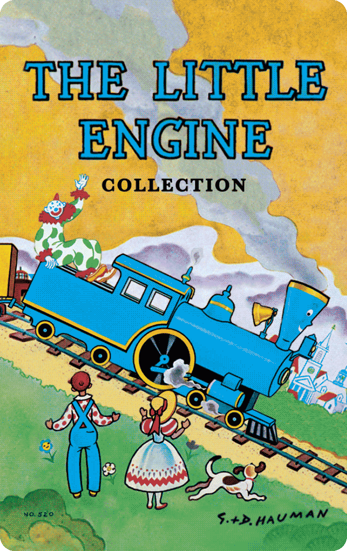 The Yoto Card: Little Engine Collection showcases the timeless charm of the classic tale with its illustrated cover depicting the beloved Little Blue Engine, accompanied by a smiling clown and children on a grassy hill, as cheerful smoke puffs rise with buildings in the background.