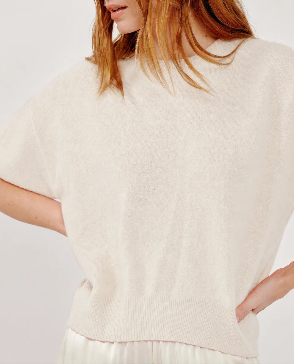 Sablyn Evie Sweater in a cream-colored, relaxed-fit, short-sleeve design with a crew neckline.