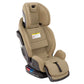 The Nuna EXEC with Slip Cover and 2nd Insert child car seat from Nuna features an adjustable headrest and safety harness. This premium car seat includes the Aeroflex side impact protection system, a reclining backrest, multi-functioning adjustable leg rest, and an informational label on the side, all in a stylish tan color.