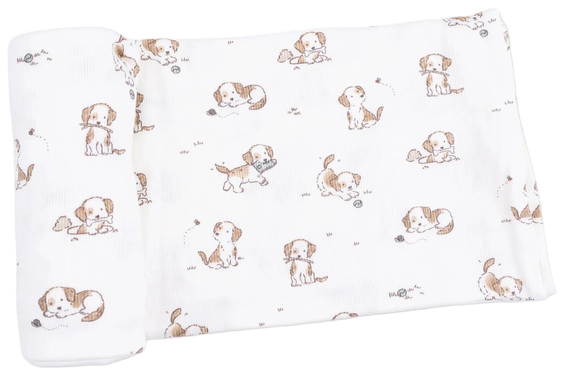 Swaddle Blanket by Angel Dear featuring a white background adorned with small brown and tan cartoon puppies in playful poses, crafted from soft viscose-from-bamboo fabric.