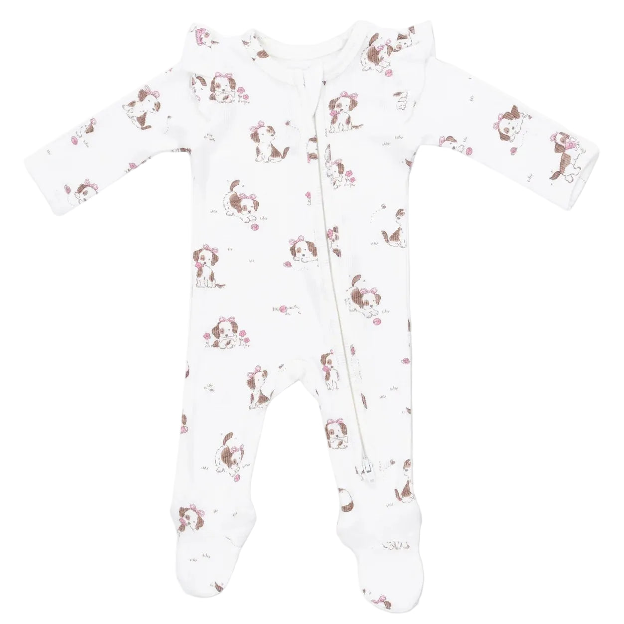 The Angel Dear Baby Girls’ 2-Way Ruffle Sleeve Zipper Footie features a charming dog and flower print in light brown and pink, crafted from soft ribbed modal fabric for ultimate comfort. This white footie includes long sleeves, a convenient side zipper, and ruffled accents for added style.