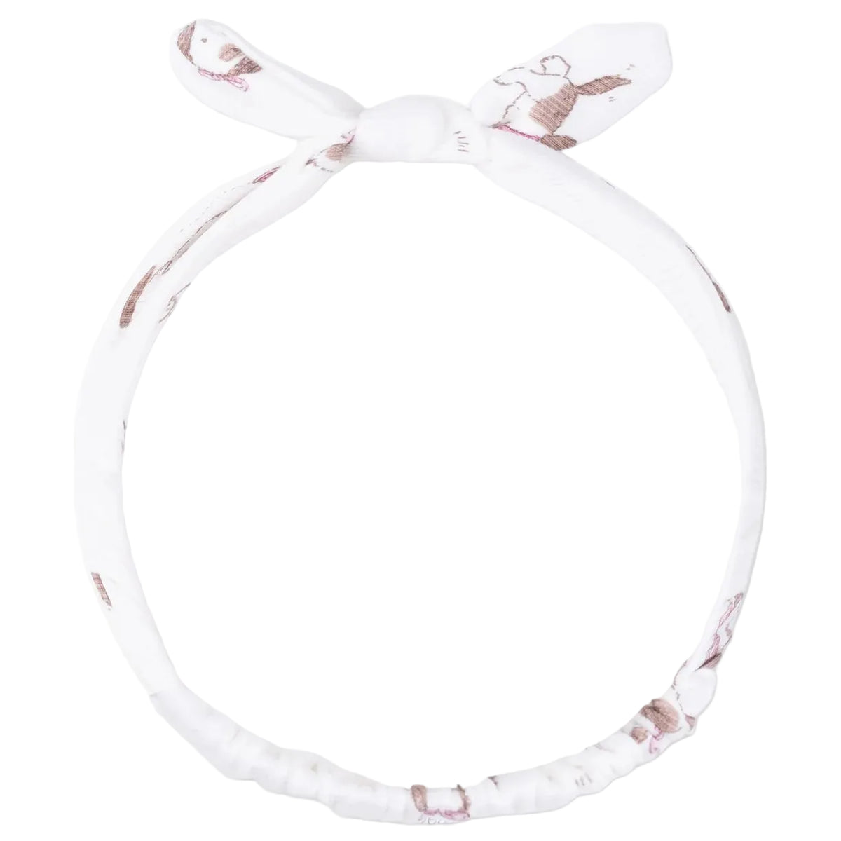 The Angel Dear Knot Headband features a white fabric with a subtle brown animal print and a charming tied bow on top, making it the perfect stylish accessory for babies.