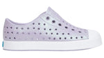 The Kids’ Jefferson Bio-Bling™ by Native Shoes features a lavender slip-on design with a biodegradable glitter finish, a perforated upper, and a lightweight white EVA rubber toe and sole.