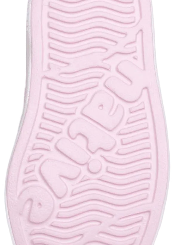 Close-up of a light pink shoe sole with textured wavy lines and the word “Native” embossed across the bottom, crafted from lightweight EVA for ultimate comfort—featured on the Kids’ Jefferson Bio-Bling™ by Native Shoes, perfect for water-friendly adventures.