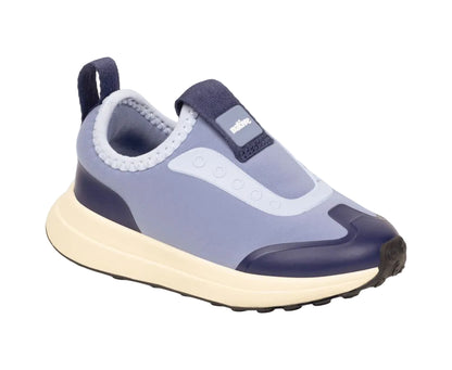 The Kids’ Robbie Dash Sneakers by Native Shoes feature a slip-on design with a breathable mesh upper in light blue and navy, complemented by a cushy white midsole, black outsole, and a convenient pull tab at the heel.