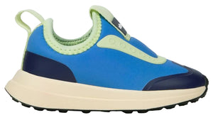 A side view of the Kids’ Robbie Dash Sneakers by Native Shoes shows a blue and light green athletic design with breathable mesh panels, a cream sole, and black tread, displayed on a white background.